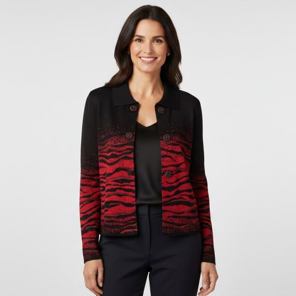 Ming Wang Womens M Red Black Zebra Animal Print Knit Cardigan Jacket Career Chic